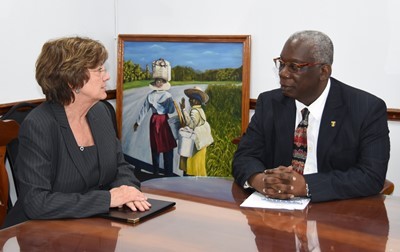 Education Minister, Ronald Jones and US Ambassador to Barbados, Linda Taglialatela speaking during a recent courtesy call at the Ministry of Education. (A.Miller/BGIS)