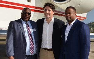 PM Harris (left) and Minister Brantley (right) flank Canadian PM Trudeau during a recent visit to St. Kitts and Nevis