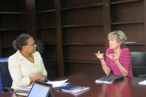  TT social protection discussions: Permanent Secretary, Ministry of Social Development and Family Services, Jacinta Bailey-Sobers (left) and Director of the ILO Decent Work Team, Claudia Coenjaerts (Photo courtesy the Ministry of Social Development and Family Services)