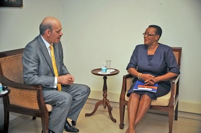 Minister of Foreign Affairs, Senator Maxine McClean listens attentively to Qatar's Ambassador to Barbados, Battal M. Al-Dosari during a courtesy call. (A.Miller/BGIS)