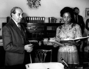 Looking back - Dame Billie Miller being sworn in following the 1981 General Election by then Governor General, the late Sir Deighton Ward. Also pictured is the late Prime Minister Tom Adams. (FP)