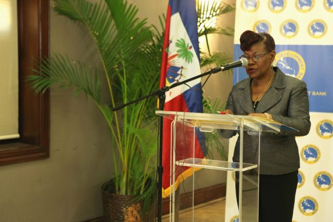 Dr. Idamay Denny, Portolio Manager, Social Sector Division, CDB, delivers remarks at the historic project launch workshop in Port-au-Prince on July 5, 2017.